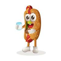 mascotte mignonne de hot-dog buvant du lait et mangeant un biscuit vecteur