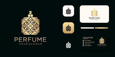 logo de parfum de luxe avec design de bouteille et référence de modèle de carte de visite vecteur