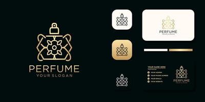 logo de parfum de luxe avec design de bouteille et référence de modèle de carte de visite vecteur