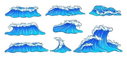 jeu de vagues de l'océan de dessin animé. collection de vagues de la mer bleue avec illustration vectorielle de mousse blanche vecteur