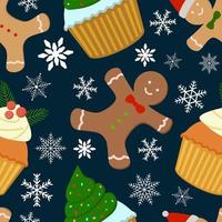 biscuits de noël, cupcakes et flocons de neige motif sans couture sur fond indigo vecteur
