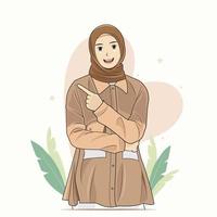 jeune femme musulmane en hijab souriant et pointant le doigt sur le côté illustration vectorielle téléchargement gratuit vecteur