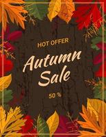 fond de vente d'automne avec des feuilles pour la vente de shopping, affiche promotionnelle, flyer, bannière web. feuilles colorées, herbe sur la texture du bois d'écorce brun foncé. composition verticale. illustration vectorielle. vecteur