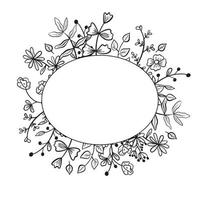 cadre vectoriel simple rond ou bordure avec des brindilles de doodle. branches et tiges de plantes à fleurs, feuilles et bourgeons à pétales. éléments de décoration d'art en ligne.