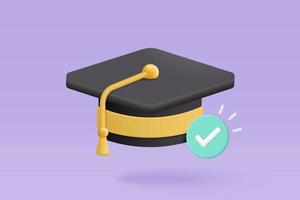 diplôme 3d de l'université, collège pour le concept d'étudiant. chapeau de graduation et style de dessin animé de diplôme avec fond de bulle. Diplôme d'éducation de vecteur 3d pour l'illustration de rendu de réussite d'étude d'étudiant