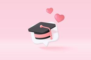 diplôme 3d de l'université, collège pour le concept d'étudiant. chapeau de graduation et style de dessin animé de diplôme avec fond de bulle. Diplôme d'éducation de vecteur 3d pour l'illustration de rendu de réussite d'étude d'étudiant