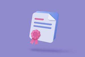 Icône de certificat ou de diplôme 3d avec fond isolé de timbre et noeud de ruban. liste de contrôle des tâches de gestion des tâches du presse-papiers blanc, travail sur le concept de plan de projet. Rendu vectoriel 3d sur fond violet