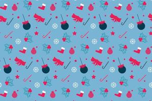 modèle de noël sans couture créatif avec des boules de décoration et des rubans rouges. motif abstrait sans fin pour draps et papiers d'emballage. vecteur de motif de noël minimal avec fond bleu givré.