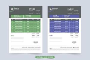 facture commerciale simple et vecteur de reçu d'achat de produit. facture d'entreprise prête à imprimer et conception de papeterie de bureau. accord de paiement et modèle de facture avec des couleurs bleues et vertes.