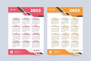 conception de calendrier 2023 moderne avec des couleurs rouges et jaunes. organisateur de bureau et décoration de calendrier mural avec des formes numériques. vecteur de modèle de calendrier annuel de société commerciale. la semaine commence le dimanche.