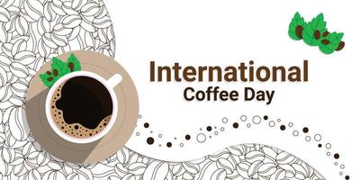 bannière de tasse à café avec décoration de grains de café et de feuilles, pour commémorer la journée internationale du café vecteur