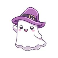 heureux fantôme kawaii agitant portant un costume de sorcière. impression d'invitation de carte de fête de costume d'halloween, impression de chemise ou de produit, conception d'autocollant vecteur