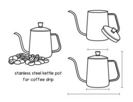 acier inoxydable versez sur une bouilloire à café bouilloire à café pot en acier inoxydable long et étroit goutte à goutte thé bouilloire pour café goutte à goutte schéma pour la configuration manuel contour illustration vectorielle vecteur