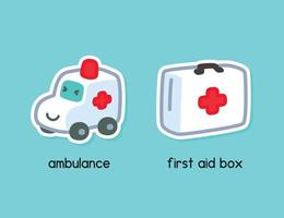 ambulance et sac de premiers secours kawaii doodle illustration vectorielle de dessin animé plat