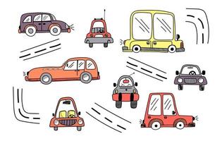 joli ensemble vectoriel de voiture colorée pour enfants dans un style doodle et d'éléments coûteux et isolés sur fond blanc. voiture pour enfants pour cartes postales, bannières, affiches, cadeaux, pyjamas