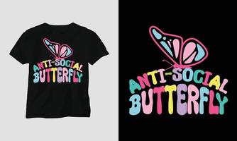 design de t-shirt rétro groovy ondulé papillon antisocial vecteur