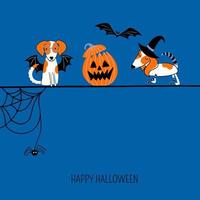 carte de voeux joyeux halloween avec chiens et citrouille. illustration de dessin animé de vecteur. chiens mignons en costumes d'halloween pour animaux de compagnie. vecteur