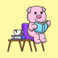 livre de lecture de cochon mignon sur l'illustration d'icône de vecteur de dessin animé de chaise. concept de dessin animé plat