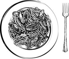 spaghetti aux moules sur une assiette. nourriture saine. plats méditerranéens, plats de fruits de mer. vecteur de croquis