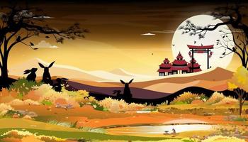 paysages d'automne avec lapin familial assis sous l'arbre regardant la pleine lune avec fond de temple chinois, festival vectoriel de la mi-automne pour carte de voeux, bannière, arrière-plan du modèle d'affiche
