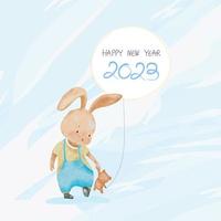 bonne année 2023, lapin tenant un ours en peluche et un ballon, lapin de dessin animé de peinture à la main aquarelle jouant avec un ours brun, élément de personnage animal mignon vectoriel pour carte de voeux pour l'année du lapin