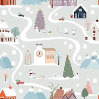 motif harmonieux d'hiver, paysage de noël dans la ville avec pin, maison de conte de fées, voiture, ours polaire jouant au patin à glace, village de dessin animé mignon vectoriel le soir de noël, fond nouvel an 2023