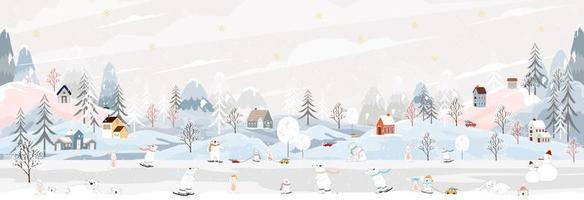 paysage d'hiver avec ours polaire heureux et lapin jouant des patins à glace dans le parc la nuit, bannière vectorielle lapin et ours au pays des merveilles d'hiver célébrant dans la forêt, noël et nouvel an 2023 arrière-plan vecteur