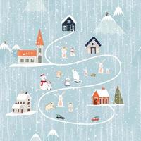 modèle sans couture hiver, paysage de noël dans la ville avec pin, maison de conte de fées, voiture, ours polaire jouant au patin à glace, village de dessin animé mignon vectoriel le soir de noël, nouvel an 2023 arrière-plan