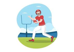 joueur de football américain avec le jeu utilise une balle de forme ovale et est brun sur le terrain illustration plate de dessin animé dessiné à la main vecteur