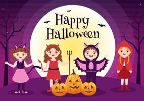 joyeux halloween modèle fond illustration plate de dessin animé dessiné à la main avec des enfants portant divers costumes, maison hantée, citrouilles, chauves-souris et pleine lune vecteur