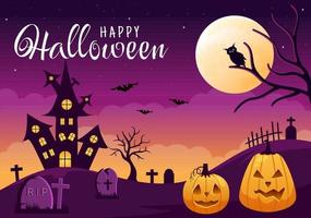 joyeux halloween modèle fond illustration plate de dessin animé dessiné à la main avec des citrouilles, des chauves-souris et un château sombre à la pleine lune pour ajouter votre style de conception vecteur