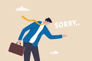 s'excuser ou dire désolé, regretter ce qui s'est passé en demandant pardon, professionnel ou leadership après une erreur ou un échec, pardonner ou se sentir triste concept, l'homme d'affaires s'incliner dire désolé de s'excuser. vecteur