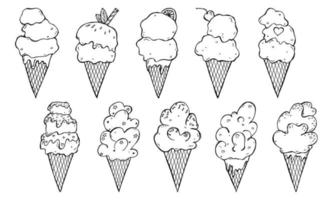 ensemble vectoriel d'illustration de crème glacée dessinée à la main. clipart de dessert mignon. pour l'impression, le web, le design, la décoration, le logo