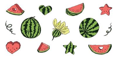 joli ensemble vectoriel de clipart de pastèque. icône de pastèque dessinée à la main. illustration de fruits.