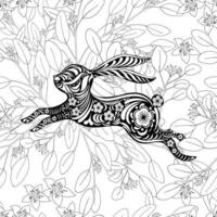 lapin de doodle harmonieux avec des feuilles d'eucalyptus sur fond blanc, signe du zodiaque chinois du nouvel an 2023 pour l'élément, lapin de pâques à motif de tissu sans fin avec lièvre fantaisie floral pour impression, papier d'emballage vecteur
