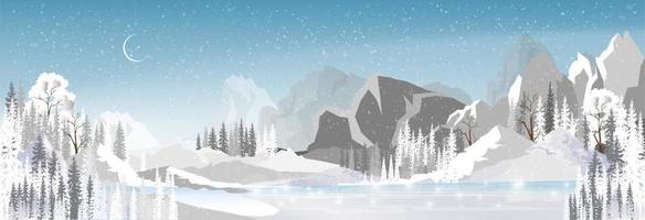 paysage de pays des merveilles d'hiver au bord du lac avec pin forestier, hiver nocturne magique avec croissant de lune et neige tombant du ciel bleu, horizon vectoriel beau naturel pour fond de vacances de noël