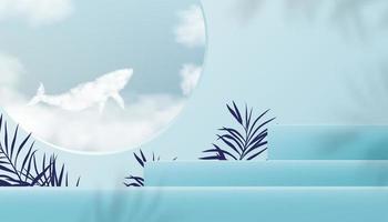 Salle de studio d'affichage 3d avec nuage moelleux de baleine sur la fenêtre du ciel bleu, support de bannière de toile de fond de vecteur étape paume avec feuille de palmier sur fond de mur bleu pour le printemps, présentation ou vente de produits d'été