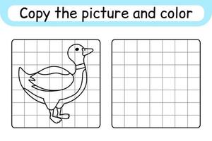 copiez l'image et coloriez le canard. compléter le tableau. terminer l'image. livre de coloriage. jeu d'exercices de dessin éducatif pour les enfants vecteur