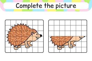 compléter le tableau hérisson. copier l'image et la couleur. terminer l'image. livre de coloriage. jeu d'exercices de dessin éducatif pour les enfants vecteur