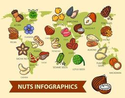 infographie vectorielle de noix et de graines, carte du monde