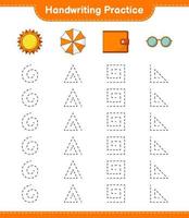 pratique de l'écriture manuscrite. tracer des lignes de soleil, parapluie, portefeuille et lunettes de soleil. jeu éducatif pour enfants, feuille de calcul imprimable, illustration vectorielle vecteur