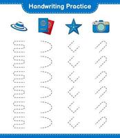 pratique de l'écriture manuscrite. tracer des lignes de chapeau, passeport, étoile de mer et appareil photo. jeu éducatif pour enfants, feuille de calcul imprimable, illustration vectorielle vecteur