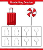 pratique de l'écriture manuscrite. tracer des lignes de bonbons et un sac de voyage. jeu éducatif pour enfants, feuille de calcul imprimable, illustration vectorielle vecteur