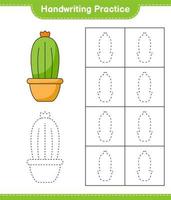 pratique de l'écriture manuscrite. tracer des lignes de cactus. jeu éducatif pour enfants, feuille de calcul imprimable, illustration vectorielle vecteur