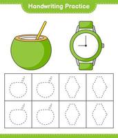 pratique de l'écriture manuscrite. tracer des lignes de noix de coco et de montres. jeu éducatif pour enfants, feuille de calcul imprimable, illustration vectorielle vecteur