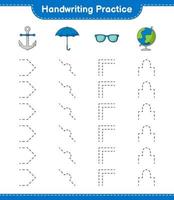 pratique de l'écriture manuscrite. traçage des lignes du globe, des lunettes de soleil, du parapluie et de l'ancre. jeu éducatif pour enfants, feuille de calcul imprimable, illustration vectorielle vecteur