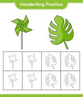 pratique de l'écriture manuscrite. tracer des lignes de monstera et de moulins à vent. jeu éducatif pour enfants, feuille de calcul imprimable, illustration vectorielle vecteur