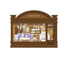 extérieur de magasin de meubles. vitrine avec lit, canapé, fauteuil, miroir, table, placard etc. de style provençal. petite entreprise. illustration vectorielle plane. vecteur