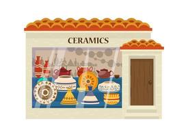 illustration vectorielle de devanture de magasin de céramique. vitrine de magasin de poterie. authentique vaisselle faite à la main. vecteur