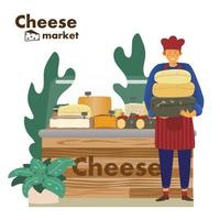 fromagerie avec vendeur au marché aux fromages. étal tendance en bois avec différents types de fromages. marché à la ferme. personnage de fromager. illustration vectorielle plate dessinée à la main. vecteur